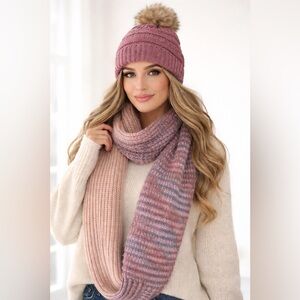 C.C Dusty Mauve Knit Pom Beanie with Multicolor Knit Scarf